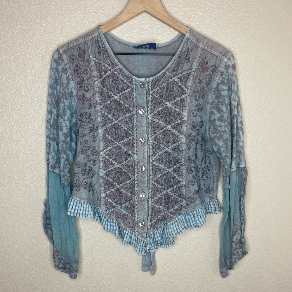 VINTAGE Bohemian Renaissance Blue / Grey Rayon Blouse / Free Size (XS-L)